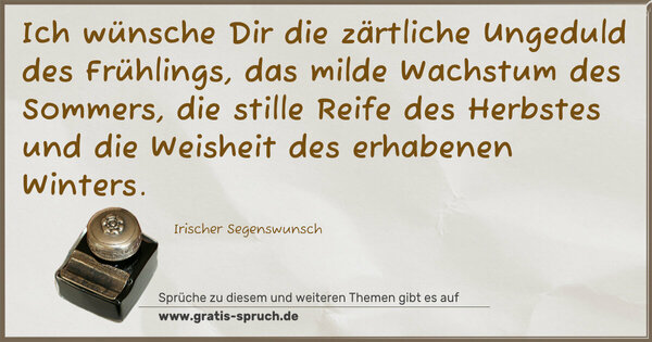 Spruch Visualisierung: Ich wünsche Dir die zärtliche Ungeduld des Frühlings,
das milde Wachstum des Sommers,
die stille Reife des Herbstes und
die Weisheit des erhabenen Winters.