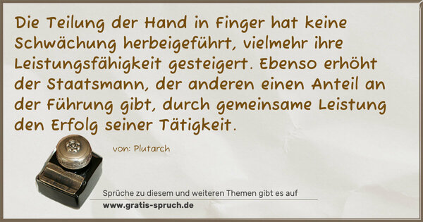 Spruch Visualisierung: Die Teilung der Hand in Finger hat keine Schwächung herbeigeführt, vielmehr ihre Leistungsfähigkeit gesteigert. Ebenso erhöht der Staatsmann, der anderen einen Anteil an der Führung gibt, durch gemeinsame Leistung den Erfolg seiner Tätigkeit.