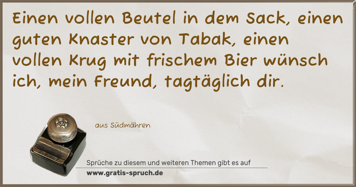 Spruchbild: Einen vollen Beutel in dem Sack, einen guten Knaster von Tabak, einen vollen Krug mit fris …