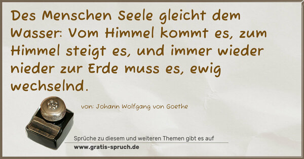 Spruch Visualisierung: Des Menschen Seele gleicht dem Wasser:
Vom Himmel kommt es, zum Himmel steigt es,
und immer wieder nieder zur Erde muss es,
ewig wechselnd.