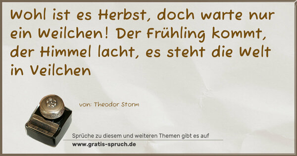 Spruch Visualisierung: Wohl ist es Herbst,
doch warte nur ein Weilchen!
Der Frühling kommt,
der Himmel lacht,
es steht die Welt in Veilchen