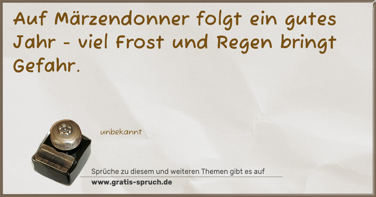 Spruchbild: Auf Märzendonner folgt ein gutes Jahr - viel Frost und Regen bringt Gefahr.