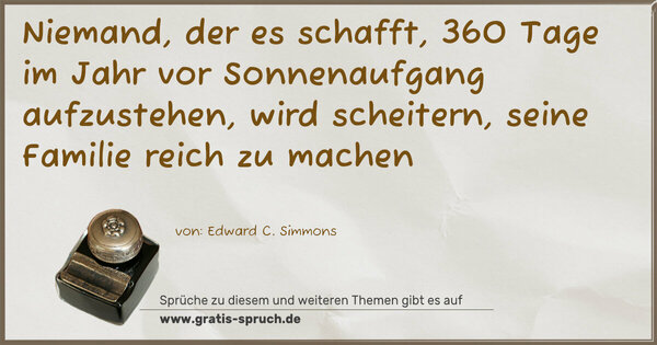 Spruch Visualisierung: Niemand, der es schafft, 360 Tage im Jahr vor Sonnenaufgang aufzustehen, wird scheitern, seine Familie reich zu machen