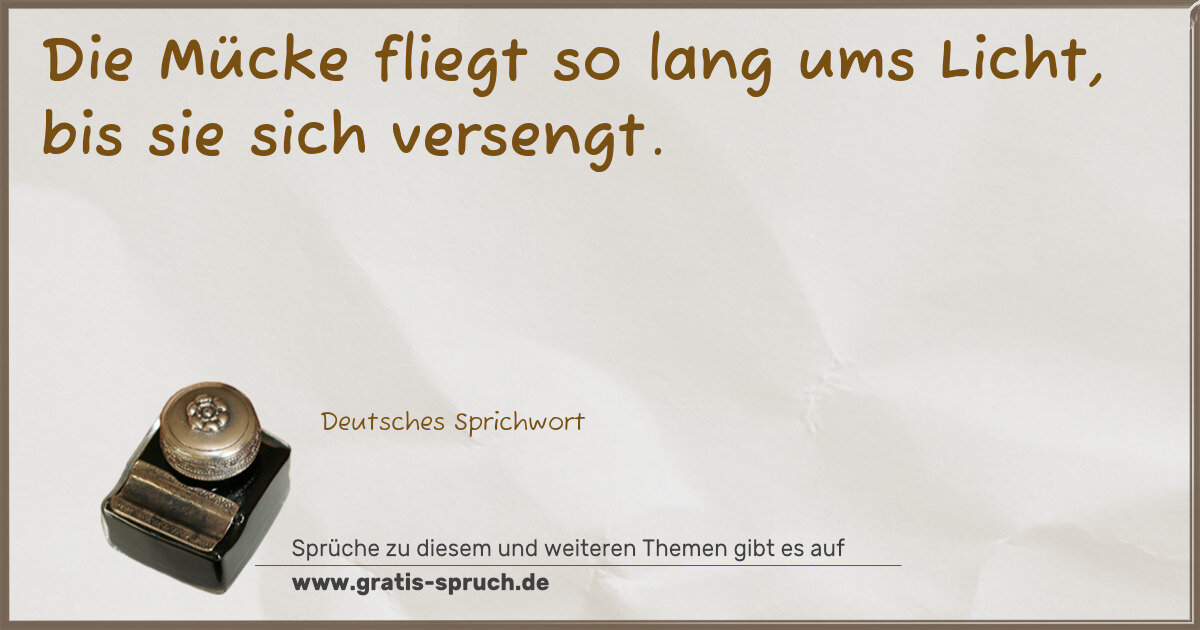 Spruchbild: Die Mücke fliegt so lang ums Licht, bis sie sich versengt.