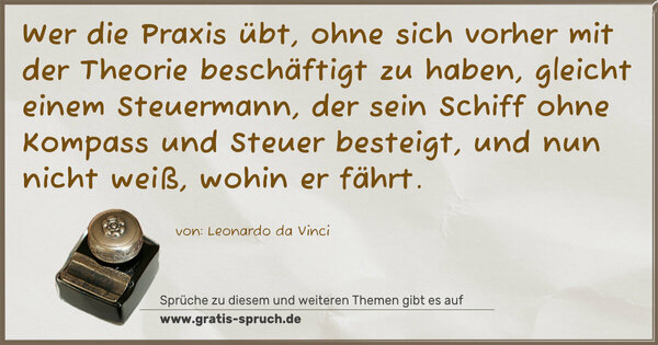 Spruch Visualisierung: Wer die Praxis übt,
ohne sich vorher mit der Theorie beschäftigt zu haben,
gleicht einem Steuermann,
der sein Schiff ohne Kompass und Steuer besteigt,
und nun nicht weiß, wohin er fährt.