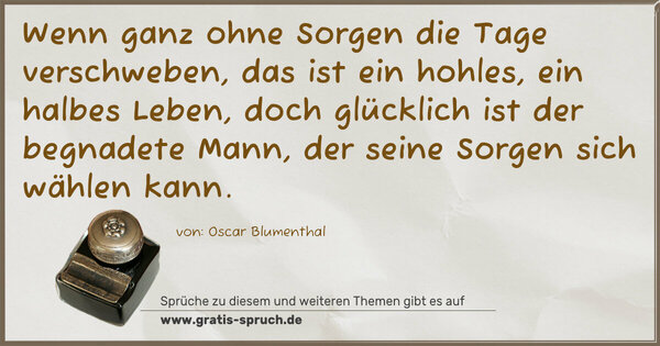 Spruch Visualisierung: Wenn ganz ohne Sorgen die Tage verschweben,
das ist ein hohles, ein halbes Leben,
doch glücklich ist der begnadete Mann,
der seine Sorgen sich wählen kann.