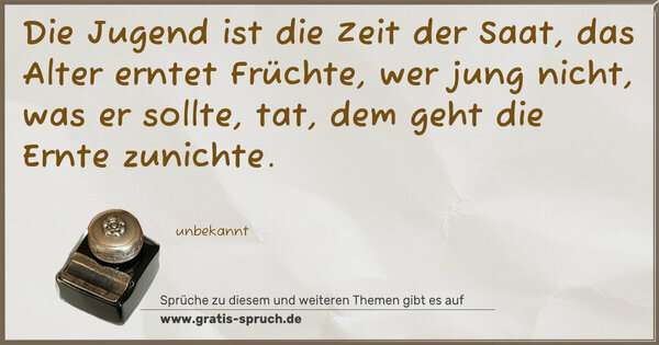Spruch Visualisierung: Die Jugend ist die Zeit der Saat,
das Alter erntet Früchte,
wer jung nicht, was er sollte, tat,
dem geht die Ernte zunichte.