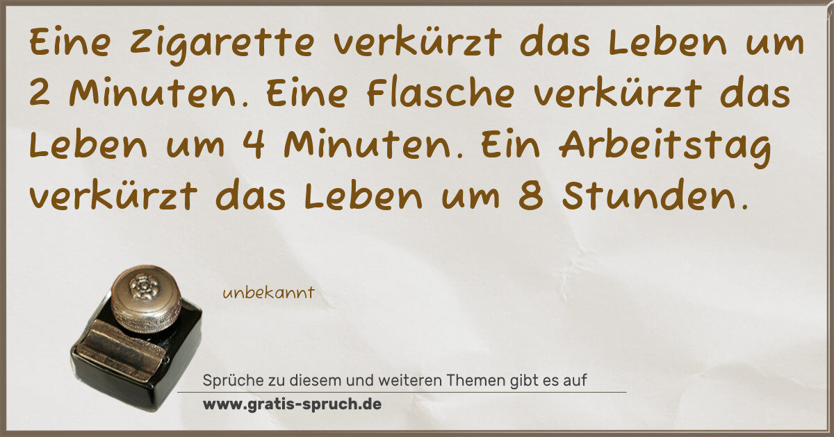 Spruchbild: Eine Zigarette verkürzt das Leben um 2 Minuten. Eine Flasche verkürzt das Leben um 4 Minut …