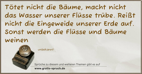 Spruch Visualisierung: Tötet nicht die Bäume,
macht nicht das Wasser unserer Flüsse trübe.
Reißt nicht die Eingeweide unserer Erde auf.
Sonst werden die Flüsse und Bäume weinen