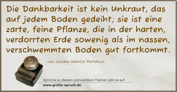 Spruch Visualisierung: Die Dankbarkeit ist kein Unkraut,
das auf jedem Boden gedeiht;
sie ist eine zarte, feine Pflanze,
die in der harten, verdorrten Erde sowenig als im nassen,
verschwemmten Boden gut fortkommt.