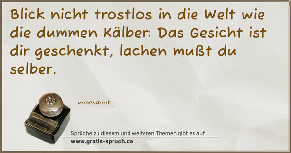 Spruch Visualisierung: Blick nicht trostlos in die Welt
wie die dummen Kälber:
Das Gesicht ist dir geschenkt,
lachen mußt du selber.