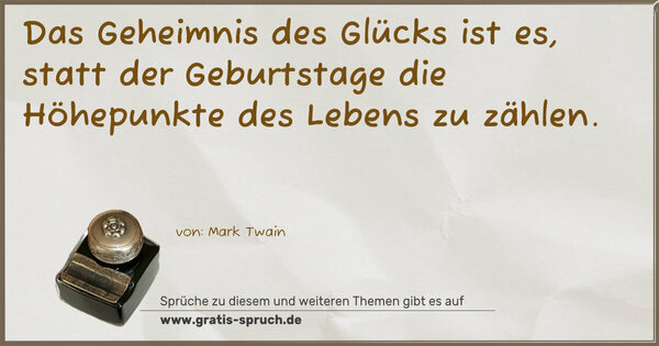 Spruch Visualisierung: Das Geheimnis des Glücks ist es,
statt der Geburtstage die Höhepunkte des Lebens zu zählen.