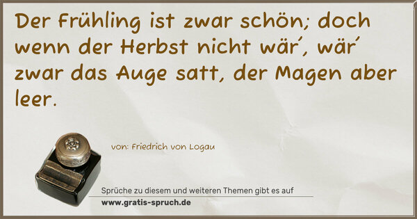 Spruch Visualisierung: Der Frühling ist zwar schön;
doch wenn der Herbst nicht wär',
wär' zwar das Auge satt,
der Magen aber leer. 