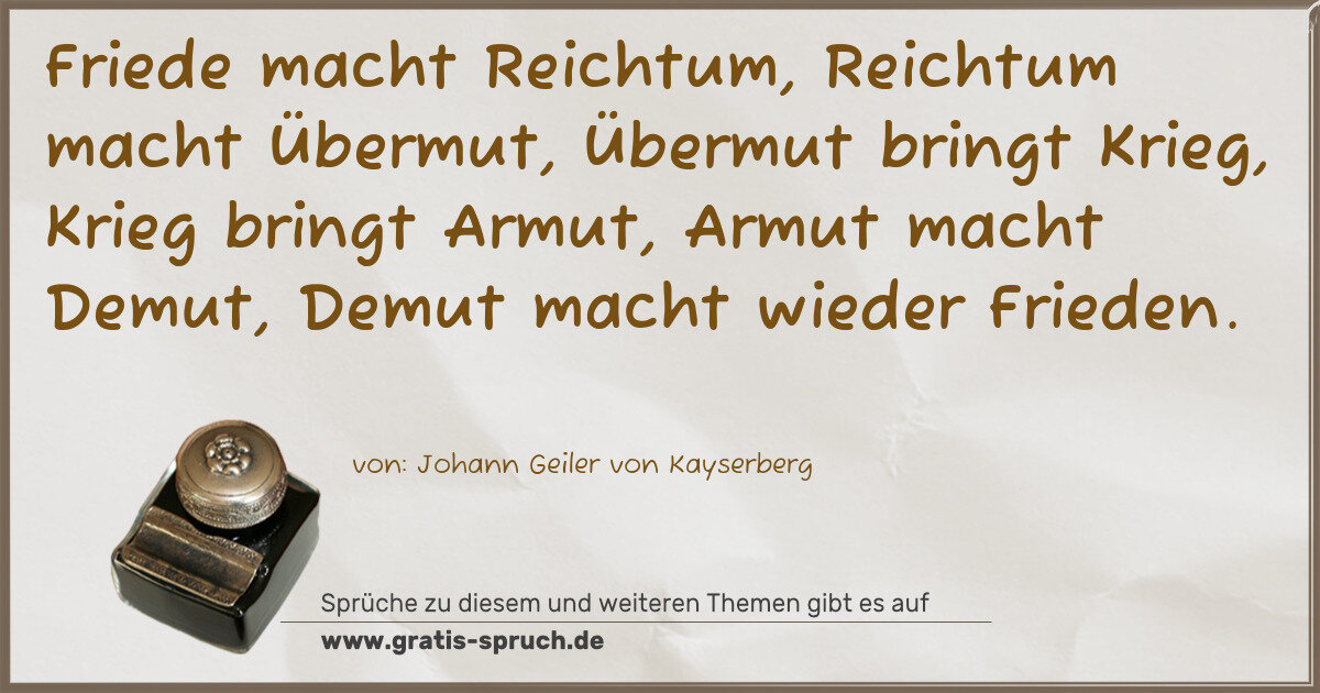 Spruchbild: Friede macht Reichtum, Reichtum macht Übermut, Übermut bringt Krieg, Krieg bringt Armut, …