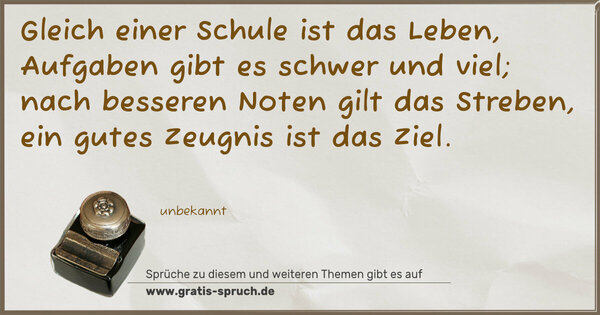 Spruch Visualisierung: Gleich einer Schule ist das Leben,
Aufgaben gibt es schwer und viel;
nach besseren Noten gilt das Streben,
ein gutes Zeugnis ist das Ziel.