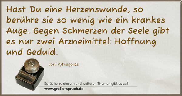 Spruch Visualisierung: Hast Du eine Herzenswunde,
so berühre sie so wenig wie ein krankes Auge.
Gegen Schmerzen der Seele gibt es nur zwei Arzneimittel: Hoffnung und Geduld.