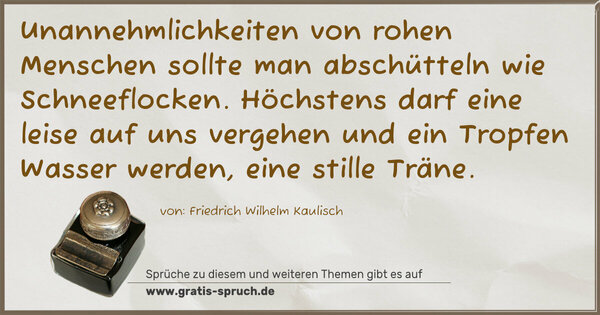 Spruch Visualisierung: Unannehmlichkeiten von rohen Menschen sollte man abschütteln wie Schneeflocken. Höchstens darf eine leise auf uns vergehen und ein Tropfen Wasser werden, eine stille Träne.
