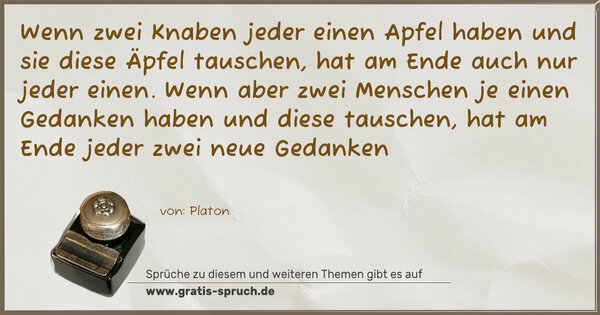 Spruch Visualisierung: Wenn zwei Knaben jeder einen Apfel haben
und sie diese Äpfel tauschen, hat am Ende auch nur jeder einen.
Wenn aber zwei Menschen je einen Gedanken haben
und diese tauschen, hat am Ende jeder zwei neue Gedanken 