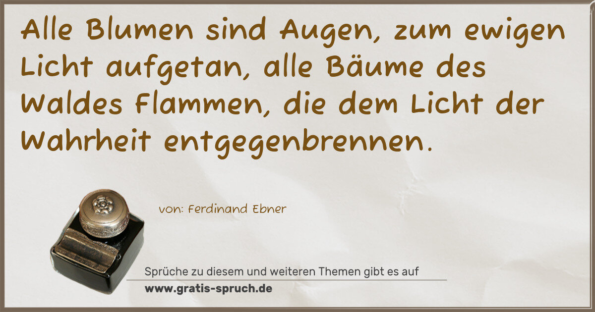 Spruchbild: Alle Blumen sind Augen, zum ewigen Licht aufgetan, alle Bäume des Waldes Flammen, die de …