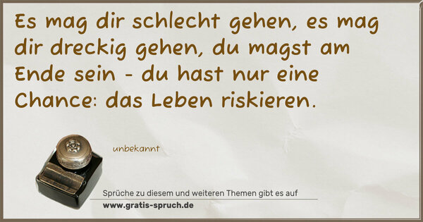 Spruch Visualisierung: Es mag dir schlecht gehen,
es mag dir dreckig gehen,
du magst am Ende sein -
du hast nur eine Chance:
das Leben riskieren.