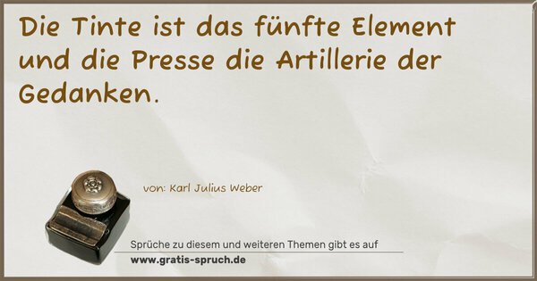 Spruch Visualisierung: Die Tinte ist das fünfte Element
und die Presse die Artillerie der Gedanken.