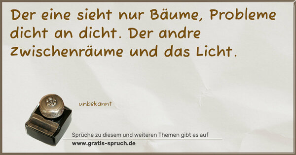 Spruch Visualisierung: Der eine sieht nur Bäume, Probleme dicht an dicht.
Der andre Zwischenräume und das Licht.