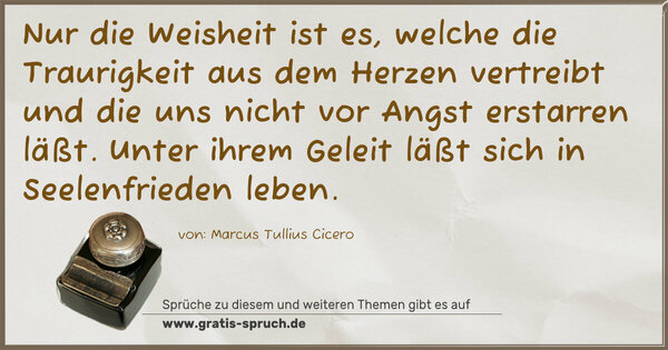 Spruch Visualisierung: Nur die Weisheit ist es, welche die Traurigkeit aus dem Herzen vertreibt und die uns nicht vor Angst erstarren läßt. Unter ihrem Geleit läßt sich in Seelenfrieden leben.