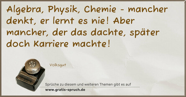 Spruch Visualisierung: Algebra, Physik, Chemie -
mancher denkt, er lernt es nie!
Aber mancher, der das dachte,
später doch Karriere machte!