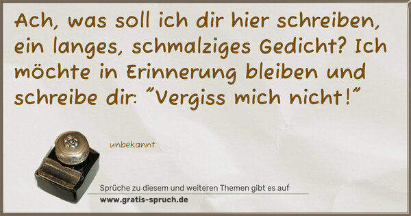 Spruch Visualisierung: Ach, was soll ich dir hier schreiben,
ein langes, schmalziges Gedicht?
Ich möchte in Erinnerung bleiben
und schreibe dir: 