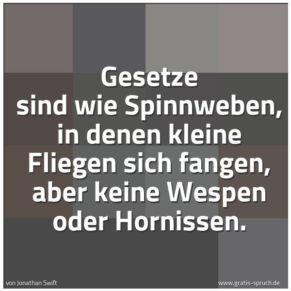 Quadratisches Spruchbild: Gesetze sind wie Spinnweben, in denen kleine Fliegen sich fangen, aber keine Wespen oder H …