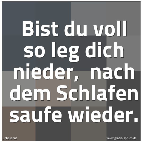 Quadratisches Spruchbild: Bist du voll so leg dich nieder,  nach dem Schlafen saufe wieder.