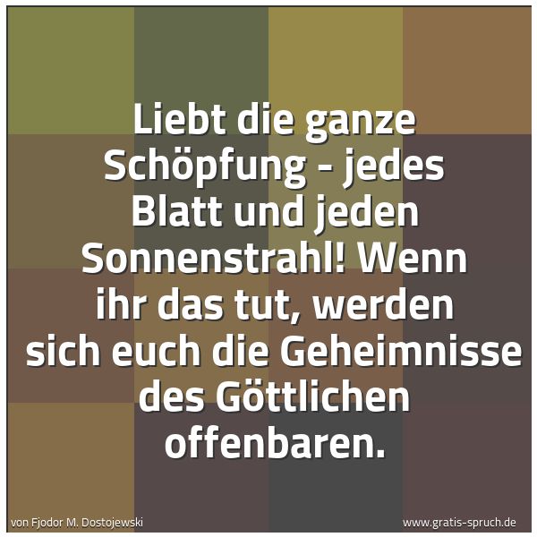 Quadratisches Spruchbild: Liebt die ganze Schöpfung - jedes Blatt und jeden Sonnenstrahl! Wenn ihr das tut, werden s …