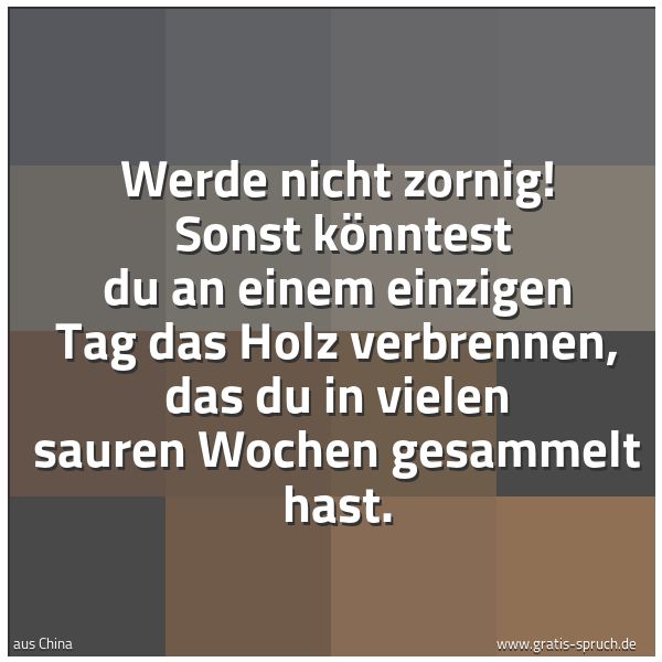 Quadratisches Spruchbild: Werde nicht zornig!   Sonst könntest du an einem einzigen Tag das Holz verbrennen, das du  …