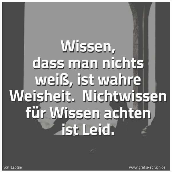 Quadratisches Spruchbild: Wissen, dass man nichts weiß, ist wahre Weisheit.  Nichtwissen für Wissen achten ist Leid.