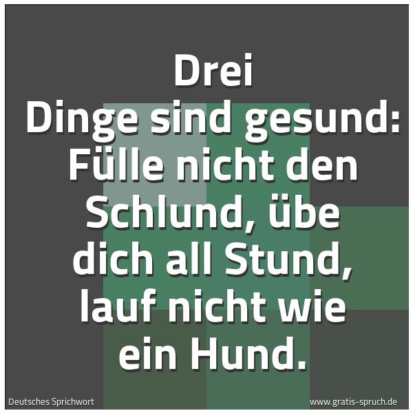 Quadratisches Spruchbild: Drei Dinge sind gesund: Fülle nicht den Schlund, übe dich all Stund, lauf nicht wie ein Hu …