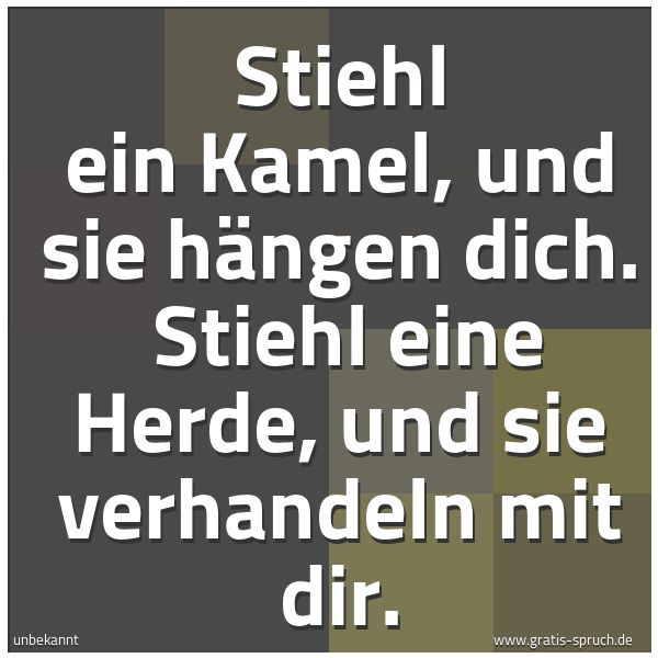 Quadratisches Spruchbild: Stiehl ein Kamel, und sie hängen dich. Stiehl eine Herde, und sie verhandeln mit dir.
