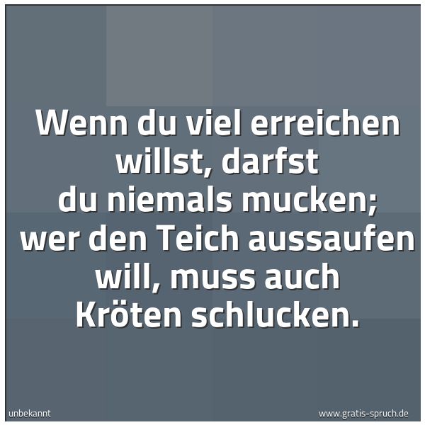 Quadratisches Spruchbild: Wenn du viel erreichen willst, darfst du niemals mucken; wer den Teich aussaufen will, mus …