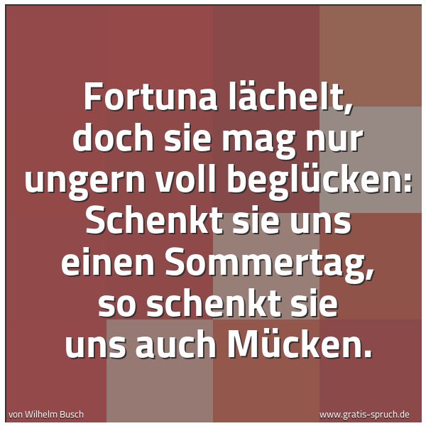 Quadratisches Spruchbild: Fortuna lächelt, doch sie mag nur ungern voll beglücken: Schenkt sie uns einen Sommertag,  …