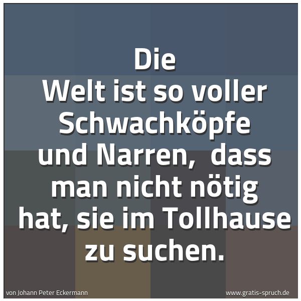 Quadratisches Spruchbild: Die Welt ist so voller Schwachköpfe und Narren, dass man nicht nötig hat, sie im Tollhaus …