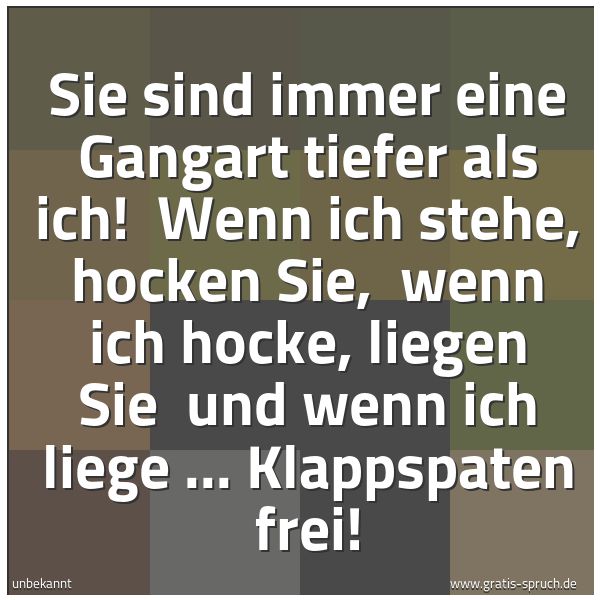 Quadratisches Spruchbild: Sie sind immer eine Gangart tiefer als ich!  Wenn ich stehe, hocken Sie,  wenn ich hocke,  …