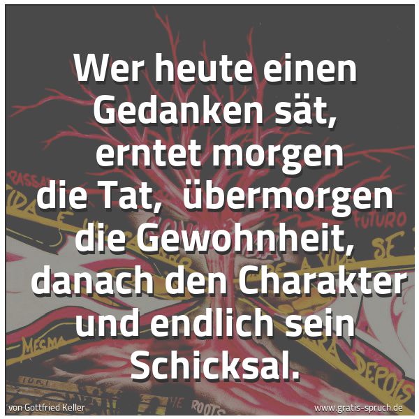 Quadratisches Spruchbild: Wer heute einen Gedanken sät, erntet morgen die Tat, übermorgen die Gewohnheit, danach …