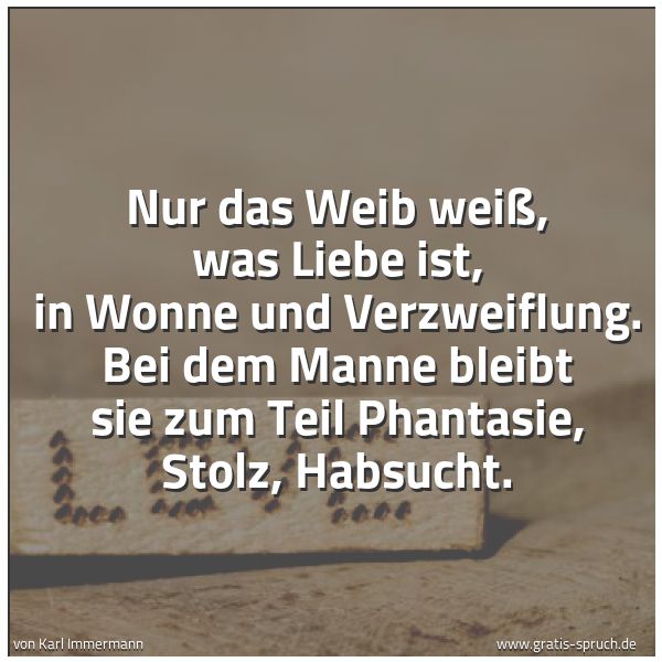 Quadratisches Spruchbild: Nur das Weib weiß, was Liebe ist, in Wonne und Verzweiflung. Bei dem Manne bleibt sie zum …