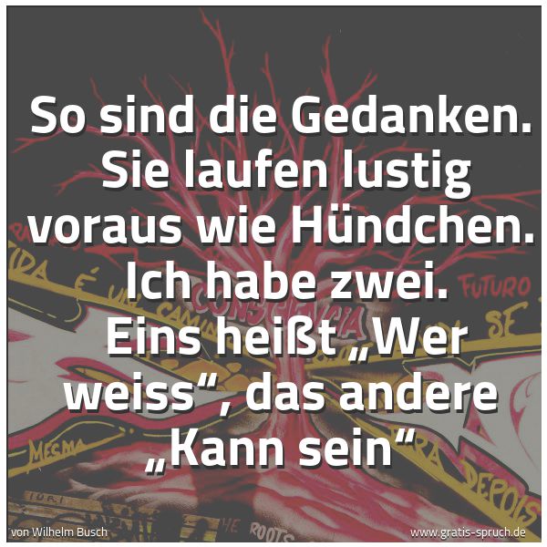 Quadratisches Spruchbild: So sind die Gedanken. Sie laufen lustig voraus wie Hündchen. Ich habe zwei. Eins heißt …