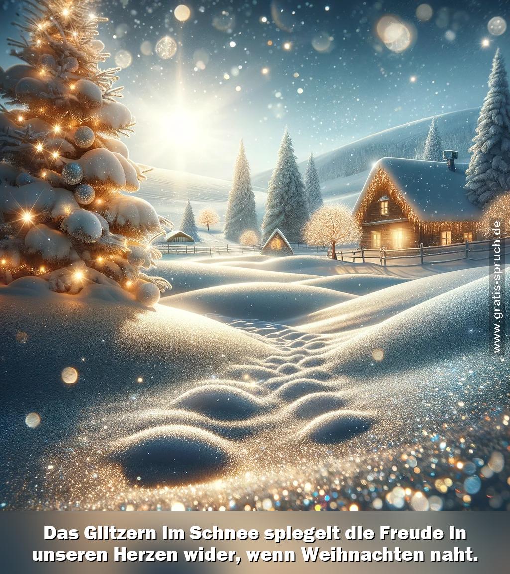 Visualisierung des Spruchs 'Das Glitzern im Schnee spiegelt die Freude in unseren Herzen wider, wenn Weihnachten naht.'