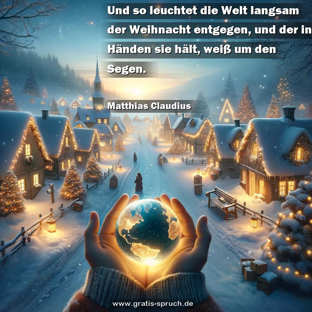 Spruchbild: Und so leuchtet die Welt langsam der Weihnacht entgegen, und der in Händen sie hält, weiß um den Segen.