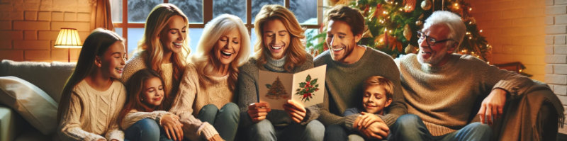 Visualisierung des Spruchs 'Weihnachten ist die Zeit, um unsere Freude und Liebe zu teilen, und so vervielfacht sich der Zauber der Saison. Frohe Feiertage, im Geiste des Teilens!'