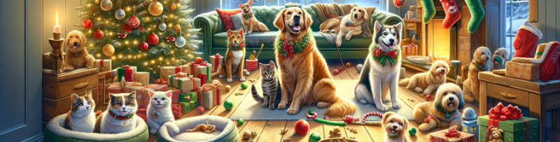 Visualisierung des Spruchs 'Die besten Geschenke in dieser Saison haben vier Pfoten und ein liebevolles Herz. Frohe Weihnachten an all unsere geliebten Haustiere!'