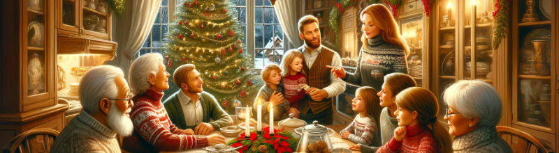Visualisierung des Spruchs 'In unserer Familie sind die Weihnachtsbräuche die Melodien, die unser festliches Lied singen. Frohe Feiertage, liebe Familie!'